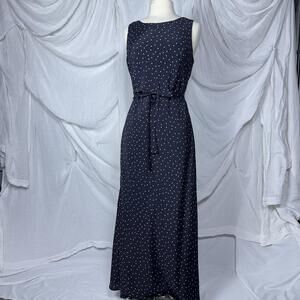 Vintage Preppy Cottage Indie Boho Polka Dot Navy Maxi Dress (12)